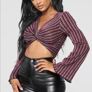 Multi Stripe Knot Front Crop Top Metallic Knit 1X